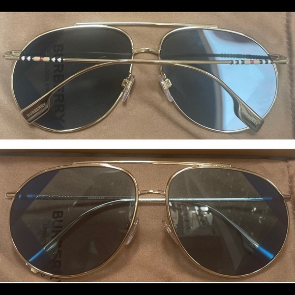 BURBERRY PILOT GOLD-TONE METAL AVIATORS WITH 2 TONE DESIGN DETAILING ON LENSES - Picture 15 of 16